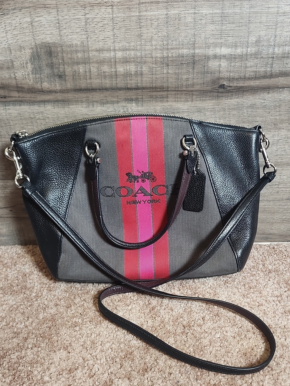 Coach Horse and Carriage Jacquard Prairie Satchel In Black, Pink